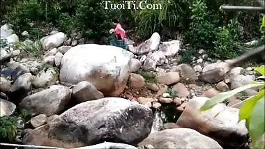 Hot Nepali girl dressing after an outdoor bath