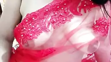 Sexy Bhabhi in See through Red Saree without blouse Exposing Boobs