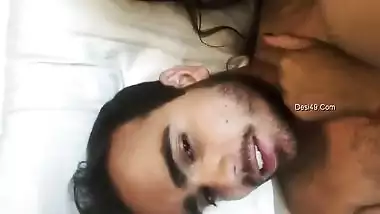 Bearded guy from India and girlfriend start morning with kissing